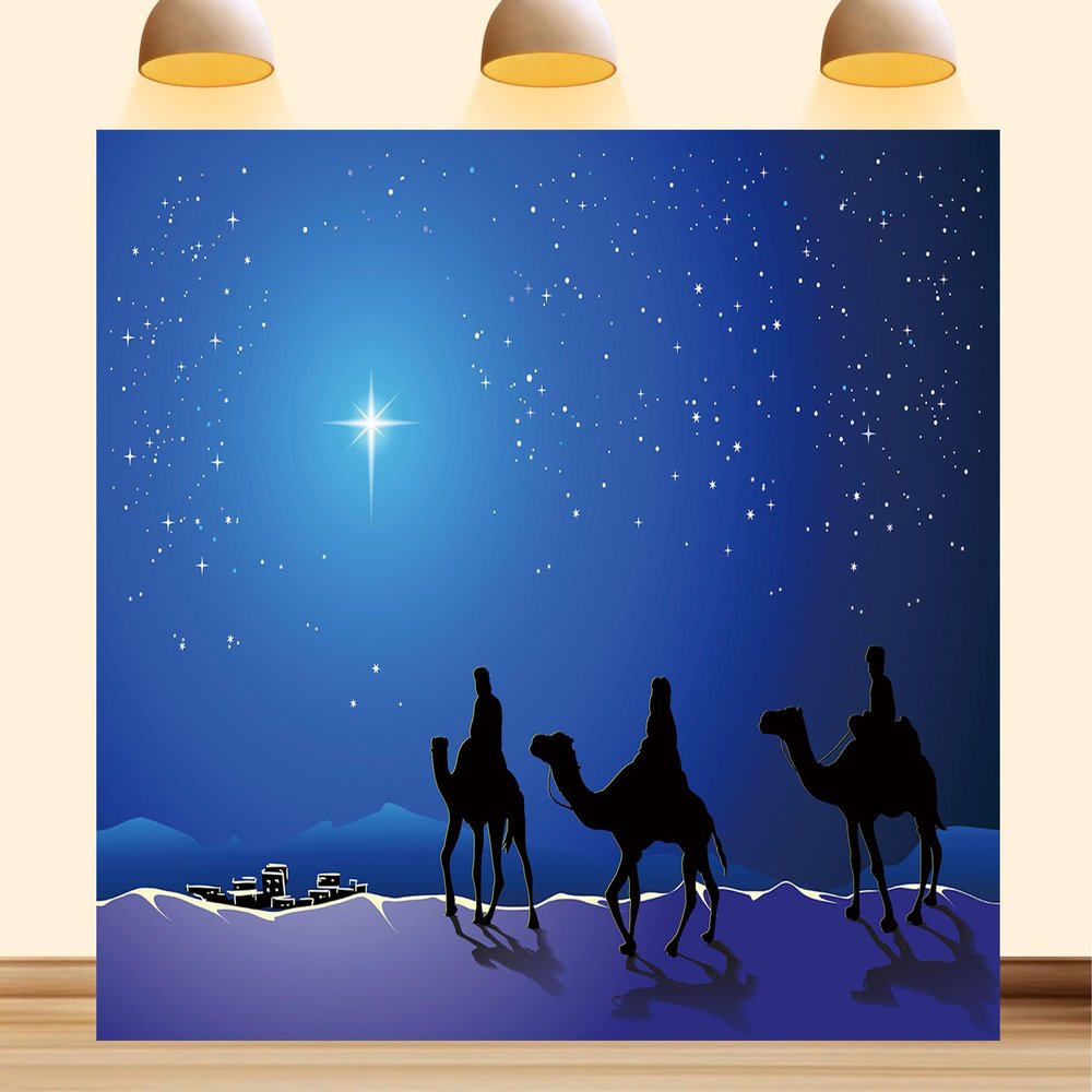10X7ft Fabric Christmas Nativity Scene Backdrop, Star of Bethlehem Wall Art, Religious Photography Background, Church Manger Display, Blue Night Sky