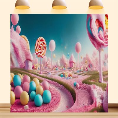 9X6ft Fabric Candy Land Photography Backdrop, Sweet Fantasy Theme Background, Pink Cotton Fabric, Birthday Party Decorations for Girls