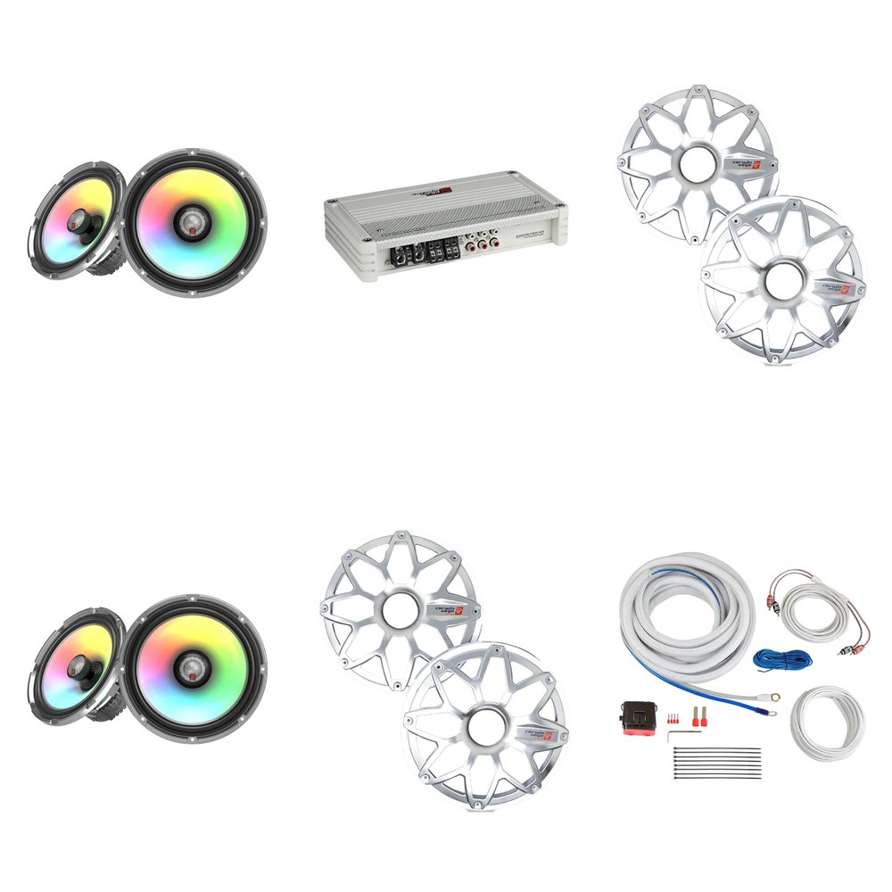 Cerwin Vega Marine Stroker 4 Channel Amplifier with (2) Pair RPM Stroker 8" White/Stainless and Install Kit