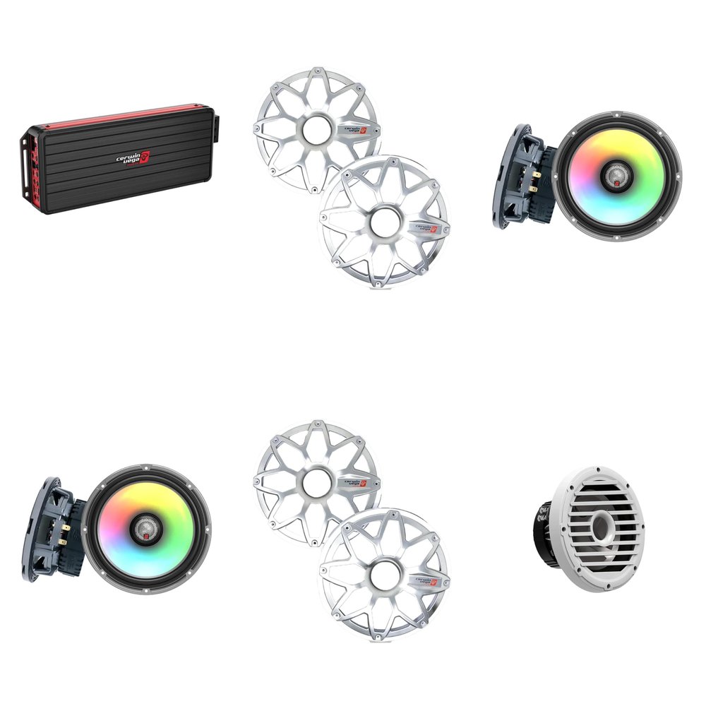 Cerwin Vega Marine 5 Channel Amplifier with (2) Pair RPM Stroker 6.5" White/Stainless and RPM White 10" Subwoofer