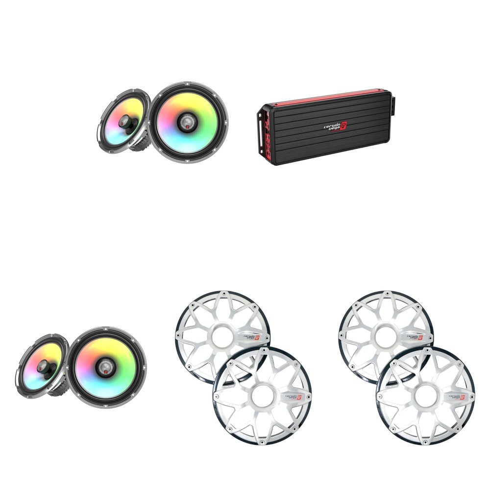 Cerwin Vega Marine VCU84 Amplifier with (2) SM8F4 RPM Stroker 8" Marine RGB Speakers and Black/Stainless Grilles