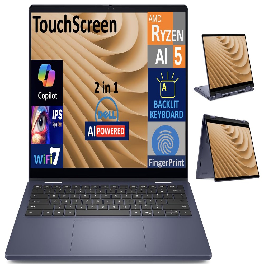 Dell 14 Plus AI Powered 2-in-1 Laptop 14.0" Touchscreen IPS WUXGA Display (AMD Ryzen AI 5 340, 16GB LPDDR5X, 1TB PCIe SSD, Backlit KB, Fingerprint, WiFi 7, Webcam, Win 11 Home) (Renewed)