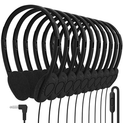 Maeline Bulk Classroom Headphones with Microphone 10 Pack Black Wired On-Ear Headsets, Adjustable 3.5mm Plug, Individually Wrapped for Schools, Libraries & Labs