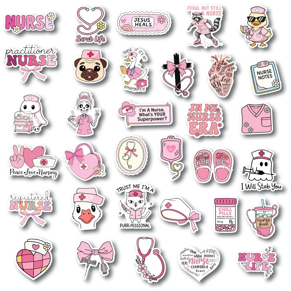 33PCS Pink Nurse Stickers Pack  Cute Waterproof Vinyl Nursing Stickers for Laptop, Water Bottle, Notebook  Nurse Appreciation Gift for RN, LPN, Medical Students, Healthcare Workers