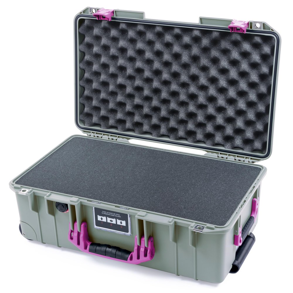 Pelican Air 1535 Carry-On Sage Green - Medium Size Waterproof Case with Pluck Foam Set and Lid Foam - Magenta Handles & Latches