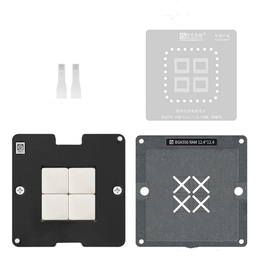 Amaoe BGA556 RAM Steel Mesh Repair Platform Kit,LPDDR Tin Planting Platform BGA556 Steel Mesh.4PCS.BGA556 RAM-4in1 0.12mm Stencil,Magnet Base,Scraper,Mobile Motherboard Repair Accessories.