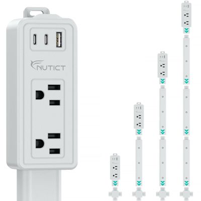 NUTICT Electrical Outlet Extender Stick, 2 AC Outlets & 2 USB-C & 1 USB-A Port, Free Assembly & Flexible Extends 6"-34", Access Hard-to-Reach Outlets Behind Couches, Nightstands, Beds, Desks, Grey