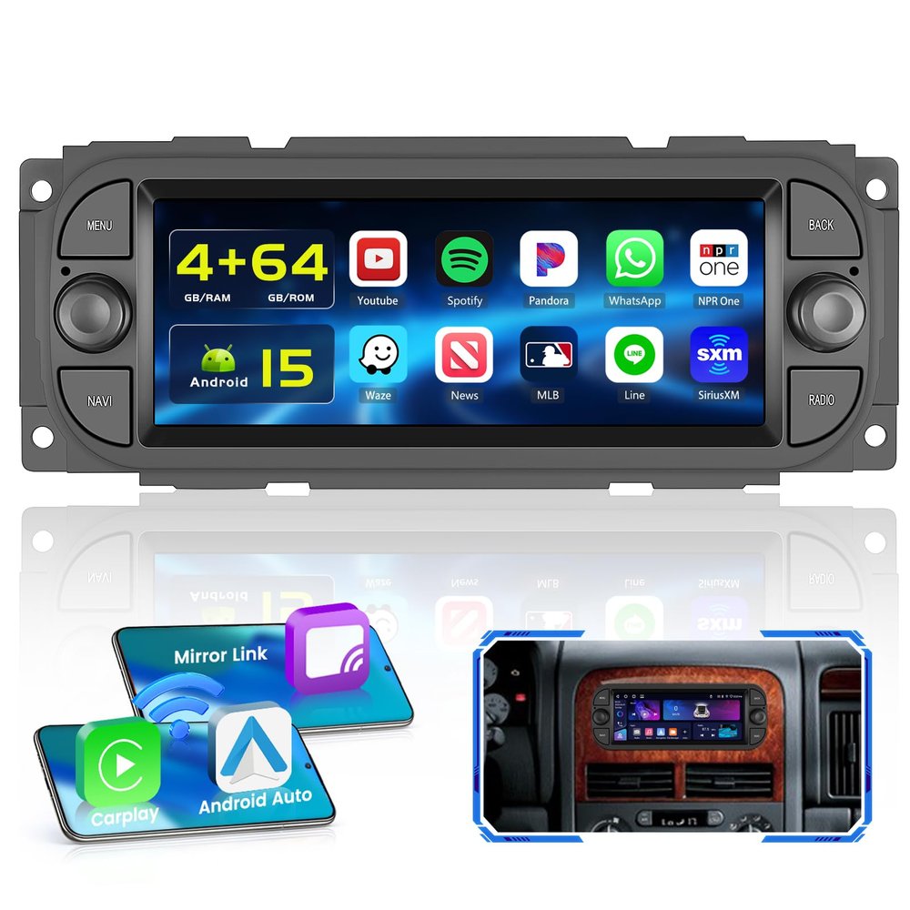 4+64GB Android 15 Radio for Dodge RAM 2002 2003 2004 2005 2006 Jeep Wrangler 2003 2004 2005 2006 Jeep Grand Cherokee 1999-2004 Wireless Carplay Android Auto, 6.86 inch IPS Screen Bluetooth WiFi GPS