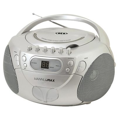 HANNLOMAX HX-337CD Portable CD Player, AM/FM Radio, Cassette Recorder, Records from CD or Radio, Headphone Jack, AC/DC Dual Power Source. (Silver)