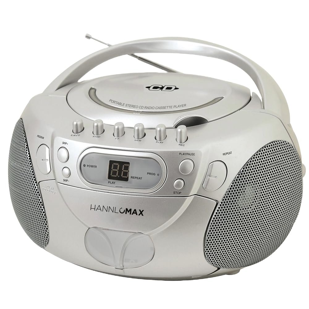 HANNLOMAX HX-337CD Portable CD Player, AM/FM Radio, Cassette Recorder, Records from CD or Radio, Headphone Jack, AC/DC Dual Power Source. (Silver)