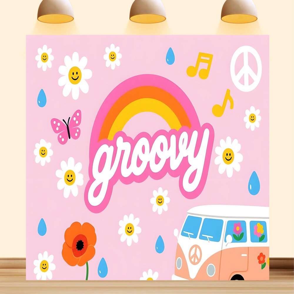 10X7ft Fabric Retro Groovy Photography Backdrop, Pink 60s Theme Wall Art with Rainbow, Daisies, Peace Van Design, Photo Booth Background Props Banner