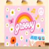 10X7ft Fabric Retro Groovy Photography Backdrop, Pink 60s Theme Wall Art with Rainbow, Daisies, Peace Van Design, Photo Booth Background Props Banner view 1
