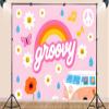 10X7ft Fabric Retro Groovy Photography Backdrop, Pink 60s Theme Wall Art with Rainbow, Daisies, Peace Van Design, Photo Booth Background Props Banner view 3