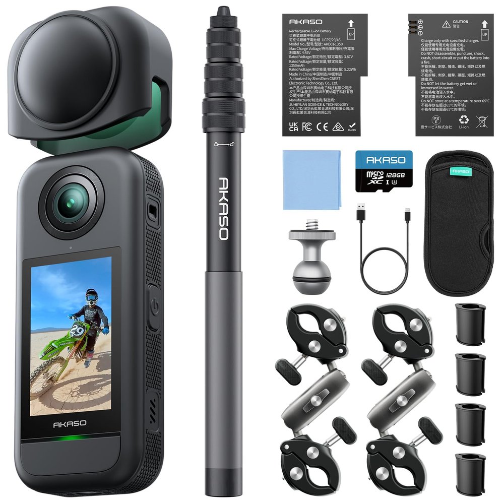 AKASO 360 Weatherproof 360 Action Camera - 5.7K 360 Video with 1/2" 48MP Sensors, 72MP 360 Photo, 360-SuperSmooth, Invisible Selfie Stick, 360 Horizon Lock, AI Tracking with 128GB MicroSD Card