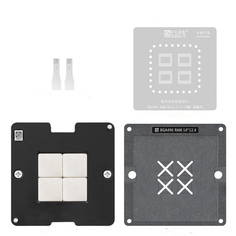 Amaoe BGA496 RAM Steel Mesh Repair Platform Kit,LPDDR Tin Planting Platform BGA496 Steel Mesh.4PCS.BGA496 RAM-4in1 0.12mm Stencil,Magnet Base,Scraper,Mobile Motherboard Repair Accessories.