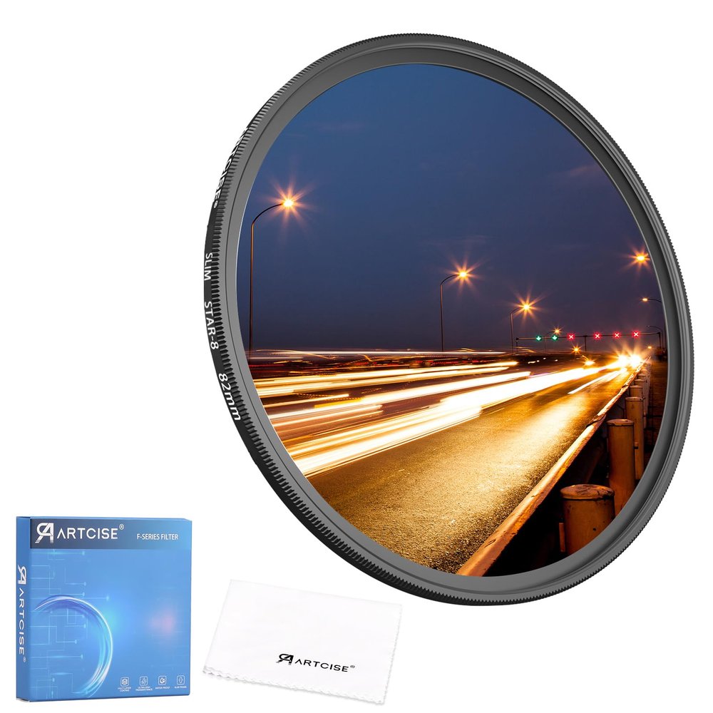 ARTCISE Star Filter 8 Point Cross Screen Lens Filter for DSLR Camera Starburst Effect Filter for Night Photography Light Streaks Cityscapes Holiday Lights (62mm)