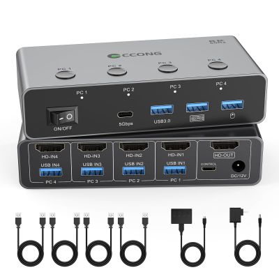 5G USB3.0 HDMI KVM Switch 4 Computers Share 1 Monitor, KVM Switches 4 Port with 3 USB 3.0 and 1 USB C Ports Share Monitor Keyboard Mouse Printer, with EDID Adaptive,4 USB Cable Plug and Play