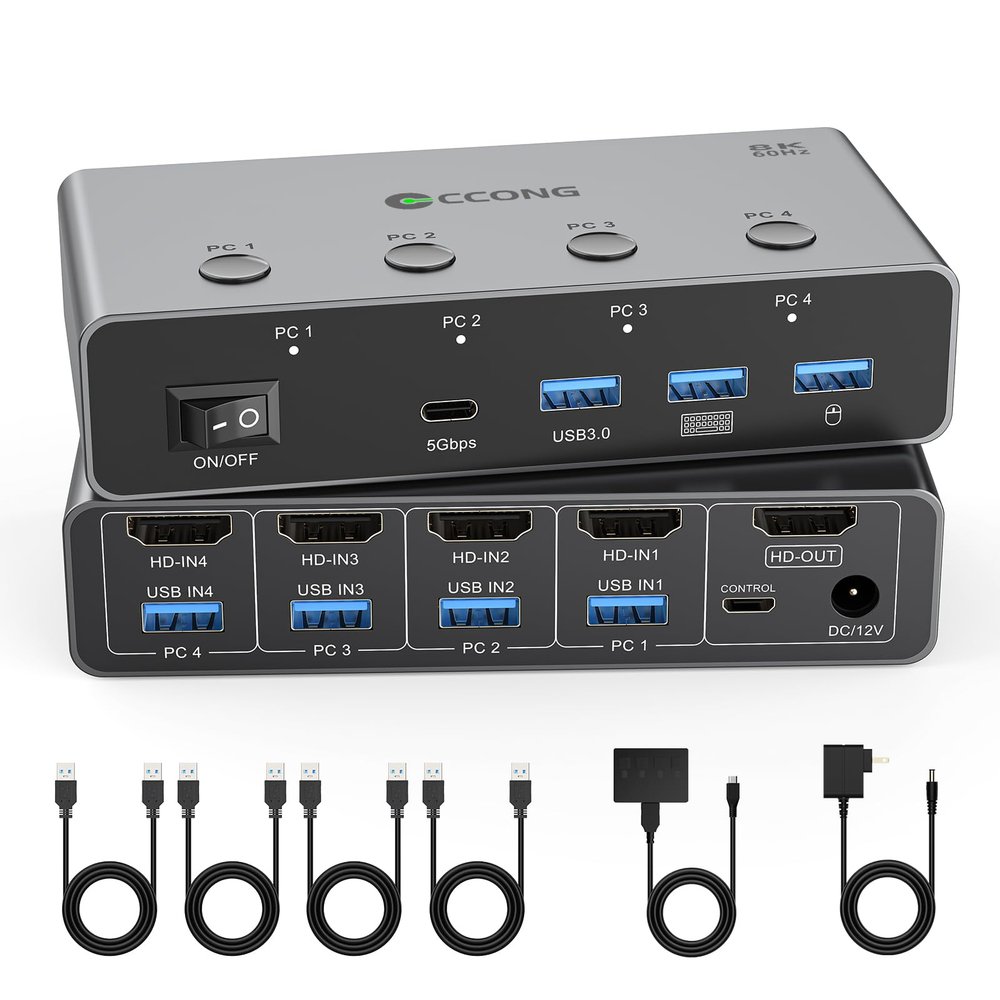 5G USB3.0 HDMI KVM Switch 4 Computers Share 1 Monitor, KVM Switches 4 Port with 3 USB 3.0 and 1 USB C Ports Share Monitor Keyboard Mouse Printer, with EDID Adaptive,4 USB Cable Plug and Play