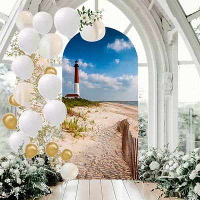 7.2 Ft Wedding Arch Backdrop Cover Barnegat Lighthouse Sand Beach Fence New Jersey Double Sided Spandex Fitted Arch Covers Stretchy Backdrop for Birthday Party, Baby Shower