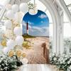 7.2 Ft Wedding Arch Backdrop Cover Barnegat Lighthouse Sand Beach Fence New Jersey Double Sided Spandex Fitted Arch Covers Stretchy Backdrop for Birthday Party, Baby Shower view 1