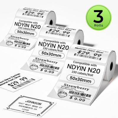 3-Rolls Thermal Labels Compatible with SUPVAN T50M Pro,ETIKEZ PM260,NDYIN N20 and ORGSTA T003 Label Maker Tape, 50x30mm(1.97"x1.18"),230 Labels/Roll,Self-Adhesive Thermal Labels,White