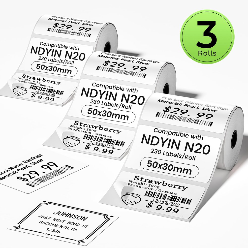 3-Rolls Thermal Labels Compatible with SUPVAN T50M Pro,ETIKEZ PM260,NDYIN N20 and ORGSTA T003 Label Maker Tape, 50x30mm(1.97"x1.18"),230 Labels/Roll,Self-Adhesive Thermal Labels,White