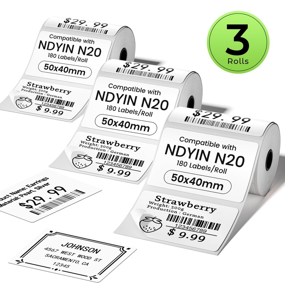 3-Rolls Thermal Sticker Label Paper Compatible with SUPVAN T50M PRO,ETIKEZ PM260,NDYIN N20 and ORGSTA T003 Label Maker Tape, 50x40mm(1.97"x1.57"),180 Labels/Roll, for Barcode, Address, Name Tag,White