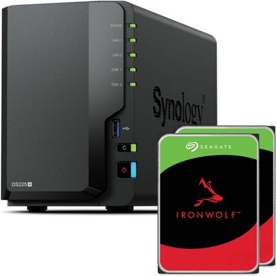 Synology DS225+ 2-Bay Diskstation NAS (Intel Celeron J4125 Quad-Core, 2 GB Non-ECC DDR4 SODIMM 1 x 2,5 GbE und 1 x 1 GbE RJ-45 LAN-Port) 16TB Bundle with 2X 8TB Seagate Ironwolf