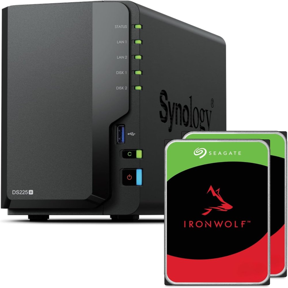 Synology DS225+ 2-Bay Diskstation NAS (Intel Celeron J4125 Quad-Core, 2 GB Non-ECC DDR4 SODIMM 1 x 2,5 GbE und 1 x 1 GbE RJ-45 LAN-Port) 16TB Bundle with 2X 8TB Seagate Ironwolf