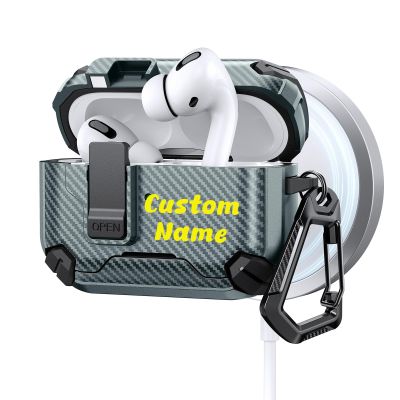 Custom Case for AirPods Pro 3rd Gen 2025 Compatible with Magsafe Personalized Name Initials Carbon Fiber Cover with Phone Stand Keychain Magnetic Automatic Lock for AirPods Pro 3 Charging Case, Green