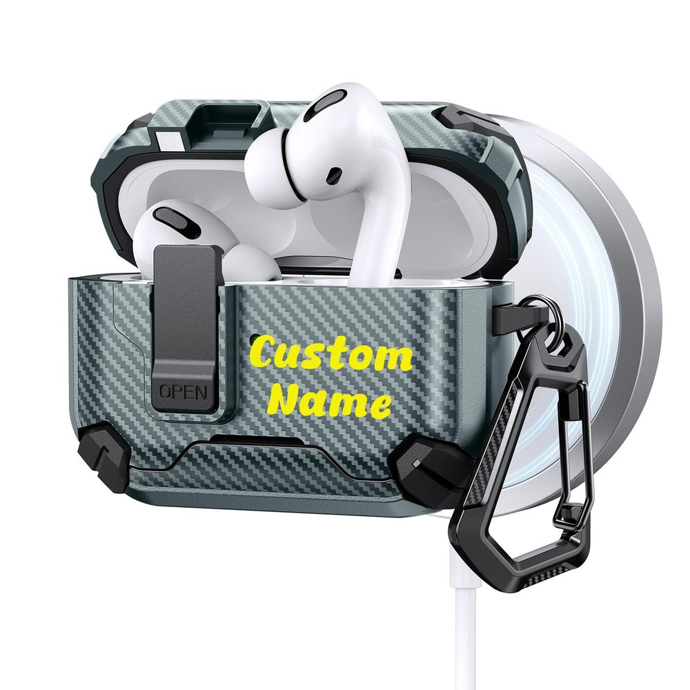 Custom Case for AirPods Pro 3rd Gen 2025 Compatible with Magsafe Personalized Name Initials Carbon Fiber Cover with Phone Stand Keychain Magnetic Automatic Lock for AirPods Pro 3 Charging Case, Green