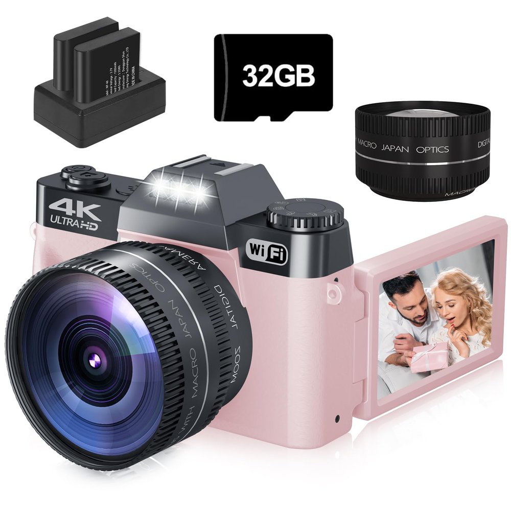 4K 56MP Digital Camera for Photography,Vlogging Camera for YouTube with Autofocus,3" 180 Flip Screen,16X Digital Zoom with 32GB TF Card and 2 Batteries(Pink