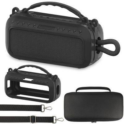 JCHPINE Silicone Cover and Hard Carrying Case for Bose SoundLink Plus Speaker, Protective Silicone Case with Handle and Shoulder Strap (Black Case)