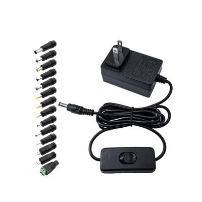12V 1.5A Power Supply Adapter 100-240V 50-60Hz AC to DC 12 Volt 1.5 Amp Switching Power Supply Converter Transformer DC 12V Power Cord with Switch 6.2FT, 5.5x2.5mm Tip & 14 Plugs for Camera Speaker