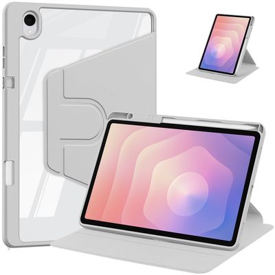 Acrylic 360 Rotating Tablet Case for Samsung Galaxy Tab S11 SM-X730/SM-X736B 11 inch, Clear Hard Back, Horizontal/Vertical Stand, Case with Penci Holder (Gray)
