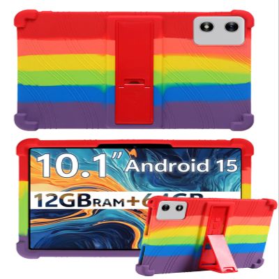 10" Case for SVITOO Tab 10/P10/PL001 Android 15 Tablet, FJIASTB Soft Silicone Kids Friendly Protective Cover with Adjustable Stand, Drop-Proof (Rainbow)