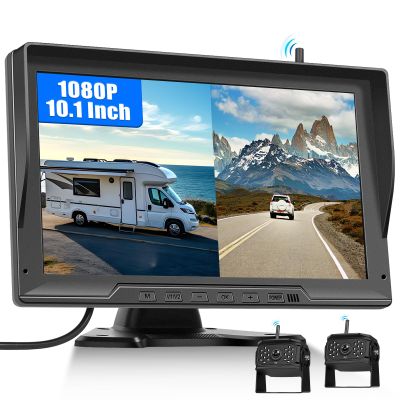 10.1 Inch Wireless Backup Camera for Truck with 2 Rear View Camera System for Cars, 4 Channels Split Screen, BSD Alert, Night Vision, IP68K Waterproof, for Truck, Pickup, Trailer, Cars Parking Safety
