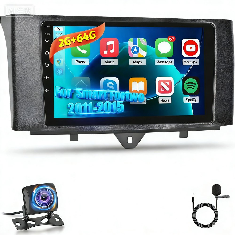 Volxcereo Car Radio for Mercedes Benz Smart Fortwo 2011-2015, 2G+64G 9 inch Android Touchscreen Stereo with Carplay/Android Auto, Navigation, WiFi, Bluetooth, SWC, FM/RDS, EQ+Backup Cam