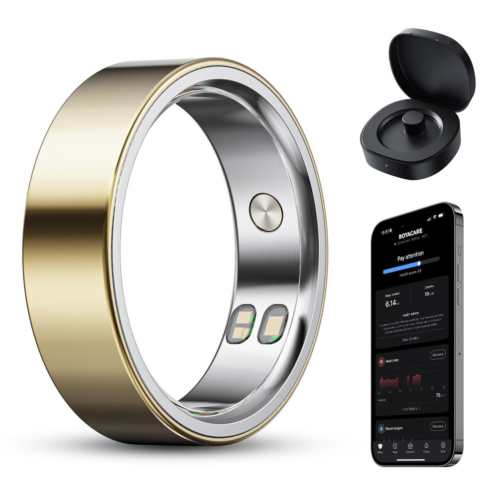 BOYACARE Smart Ring for Women/Men, Fitness Tracker Ring with Call & Alarm Vibration, Heart Rate, Blood Oxygen, Sleep Tracker, Women Cycle Prediction, 5ATM Waterproof, No App Fees (Gold, 6#)