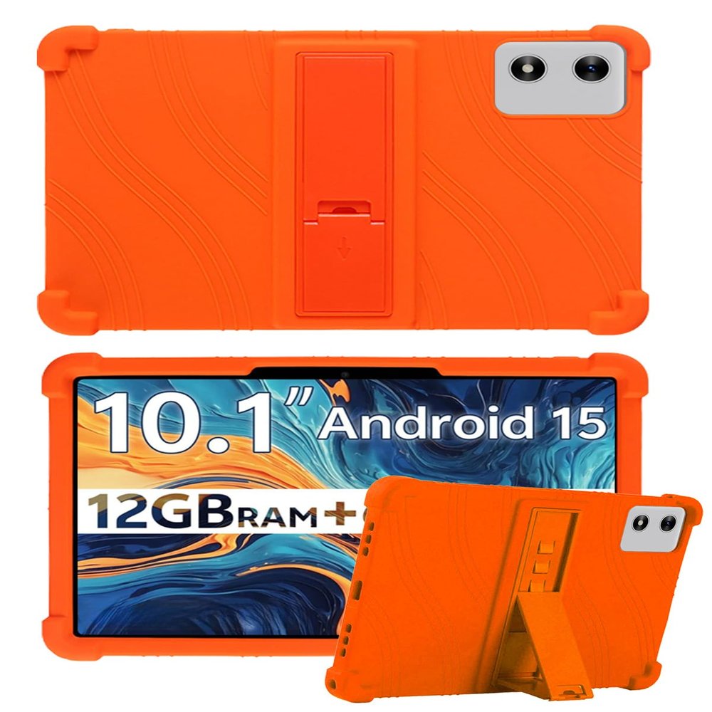 10" Case for SVITOO Tab 10/P10/PL001 Android 15 Tablet, FJIASTB Soft Silicone Kids Friendly Protective Cover with Adjustable Stand, Drop-Proof (Orange)