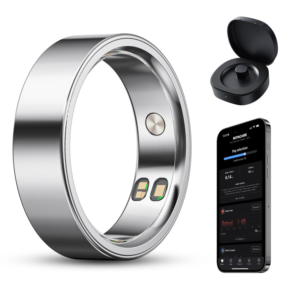BOYACARE Smart Ring for Women/Men, Fitness Tracker Ring with Call & Alarm Vibration, Heart Rate, Blood Oxygen, Sleep Tracker, Women Cycle Prediction, 5ATM Waterproof, No App Fees (Silver, 6#)