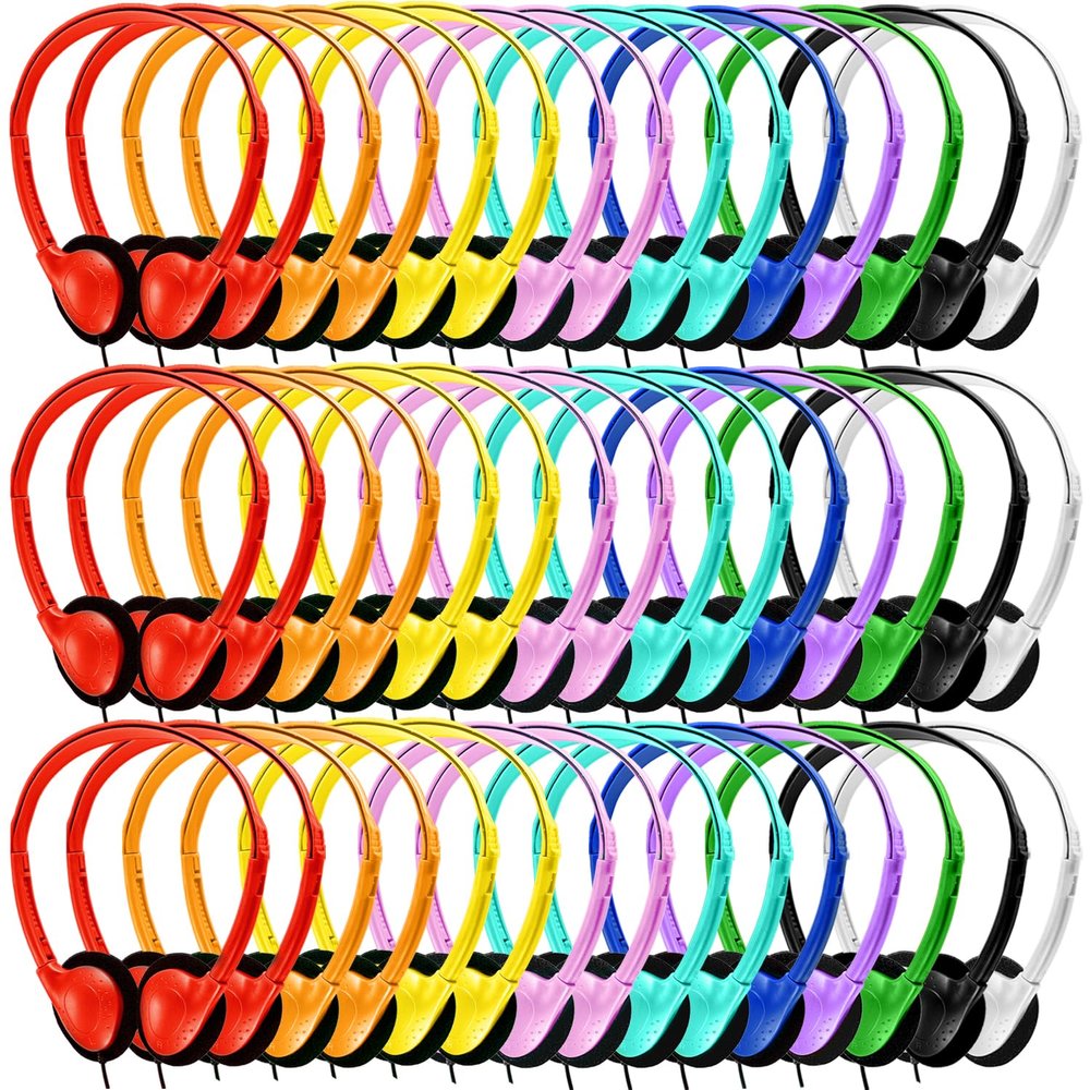 Gaosen Bulk Headphones 50 Pack for Kids School Classroom,Wholesale Wired Adjustable On Ear Earphones Class Set for Students Children Toddler Teens Boys Girls and Adult (GS857, 50 Mixed)