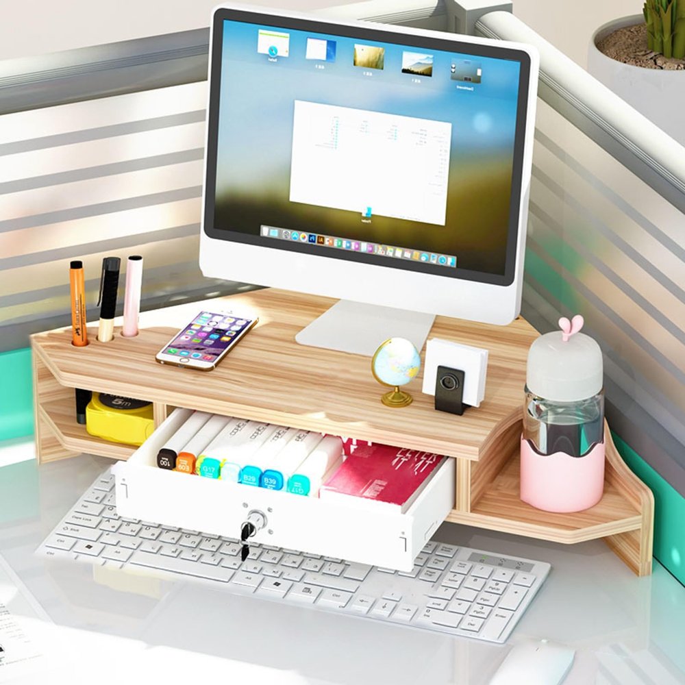 Adjustable 2-Tier Triangle Monitor Stand with Storage Shelf for Desk, Laptop, PC, TV & Tablet - Space-Saving Corner Organizer in Brown