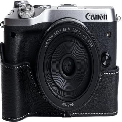 M6 Case, Genuine Leather Camera Half Case for Canon Eos M6 Cover Bag Protecter with Hand Wrist Strap (Black)