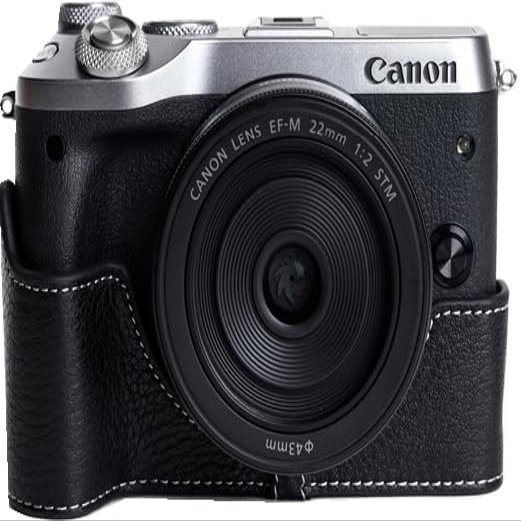 M6 Case, Genuine Leather Camera Half Case for Canon Eos M6 Cover Bag Protecter with Hand Wrist Strap (Black)