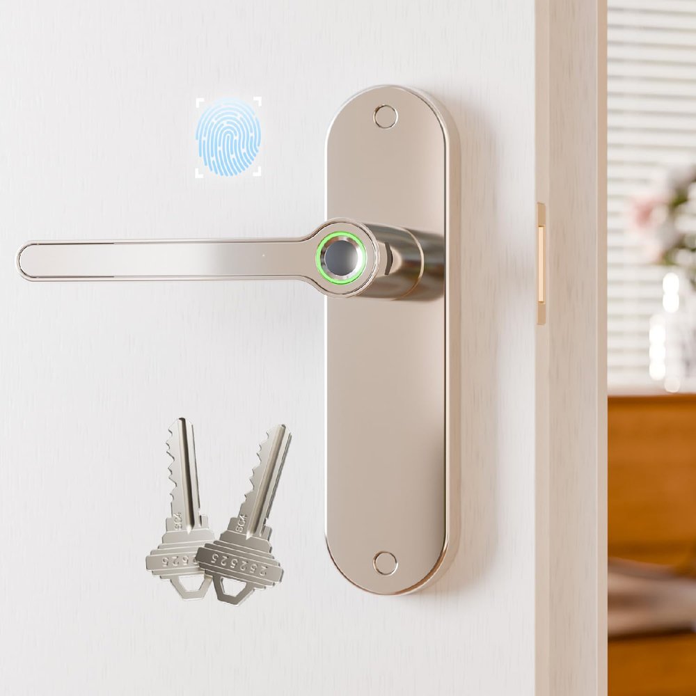 Blusafe Breeze Fingerprint Door Lock Door Knob Keyless Entry Door Lock with Handle for Home Hotel Office Apartment Bedroom (Breeze Long PlateSatin Chrome)