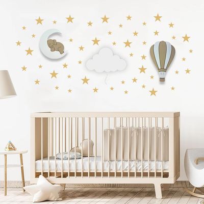 BugyBagy Nursery Wall Lamp Set 3 Hand Painted Night Lights for Baby Room (Hot Air Balloon, Cloud, Elephant on Moon) + Bonus Wall Stickers Soft Linen Colors (Beige Theme)