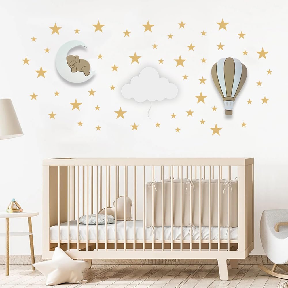 BugyBagy Nursery Wall Lamp Set 3 Hand Painted Night Lights for Baby Room (Hot Air Balloon, Cloud, Elephant on Moon) + Bonus Wall Stickers Soft Linen Colors (Beige Theme)
