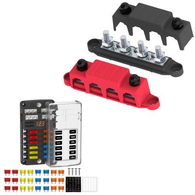 Bundle of 12V 250A Black & Red Bus Bar (4-Posts, M10, with Cover) & 12 Way Fuse Block Box