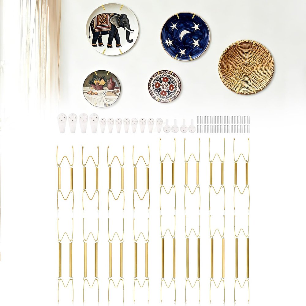 16 pcs Plate Hangers for Wall 6/8/10/12 Inch Invisible Wall Plate Hangers, Stainless Steel Plates Walls Hanger for Display Various Sizes with Hooks for Decorative (Silver)